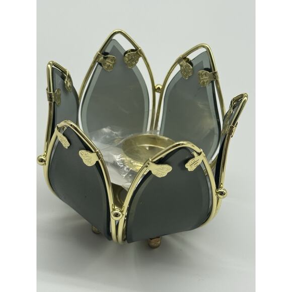 PartyLite Waterlily Tealight Votive Candle Holder P0560 Glass & Brass W/Box - Picture 2 of 5